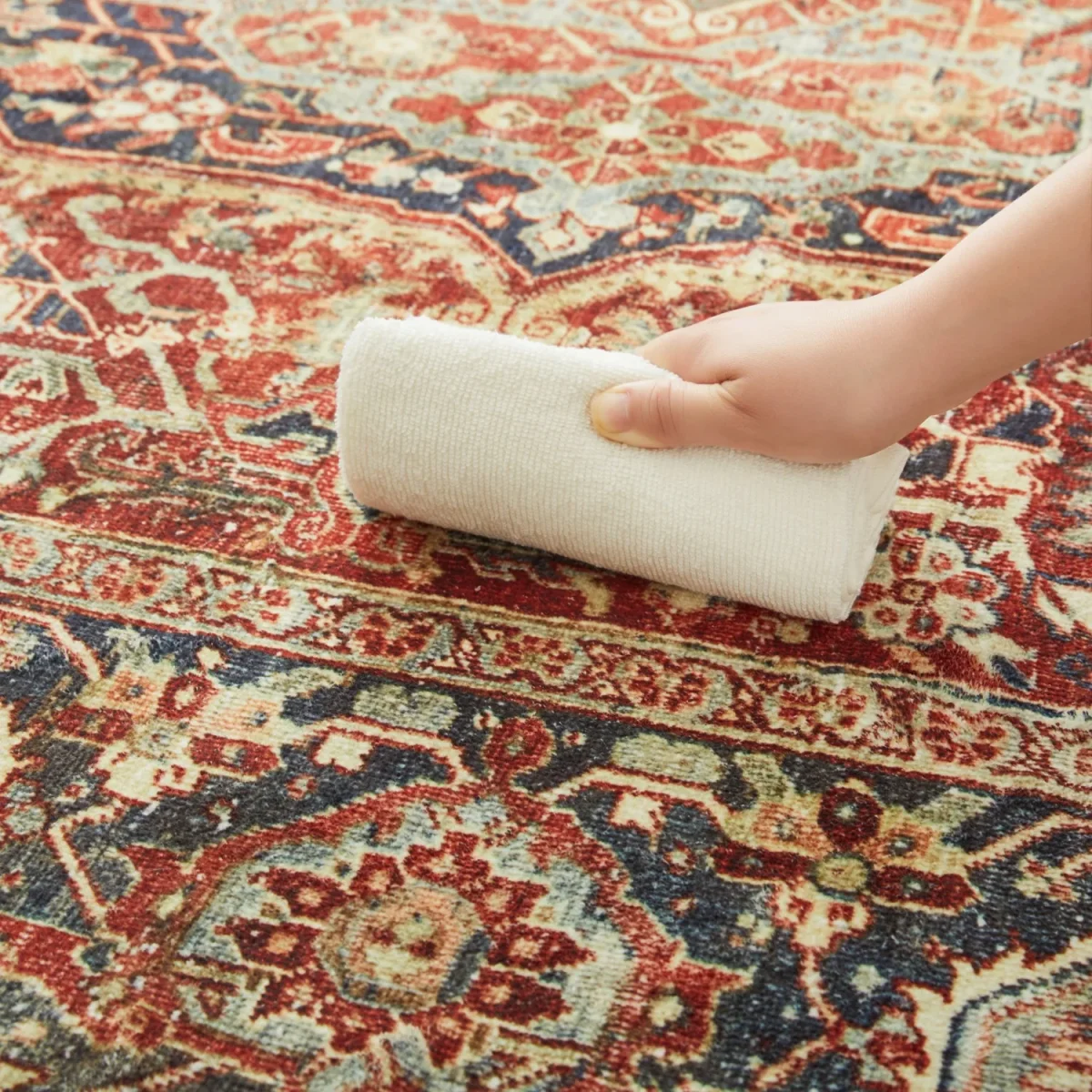 Rust & Navy Heriz Medallion Washable Rug - Traditional Persian Geometric Carpet - Image 9