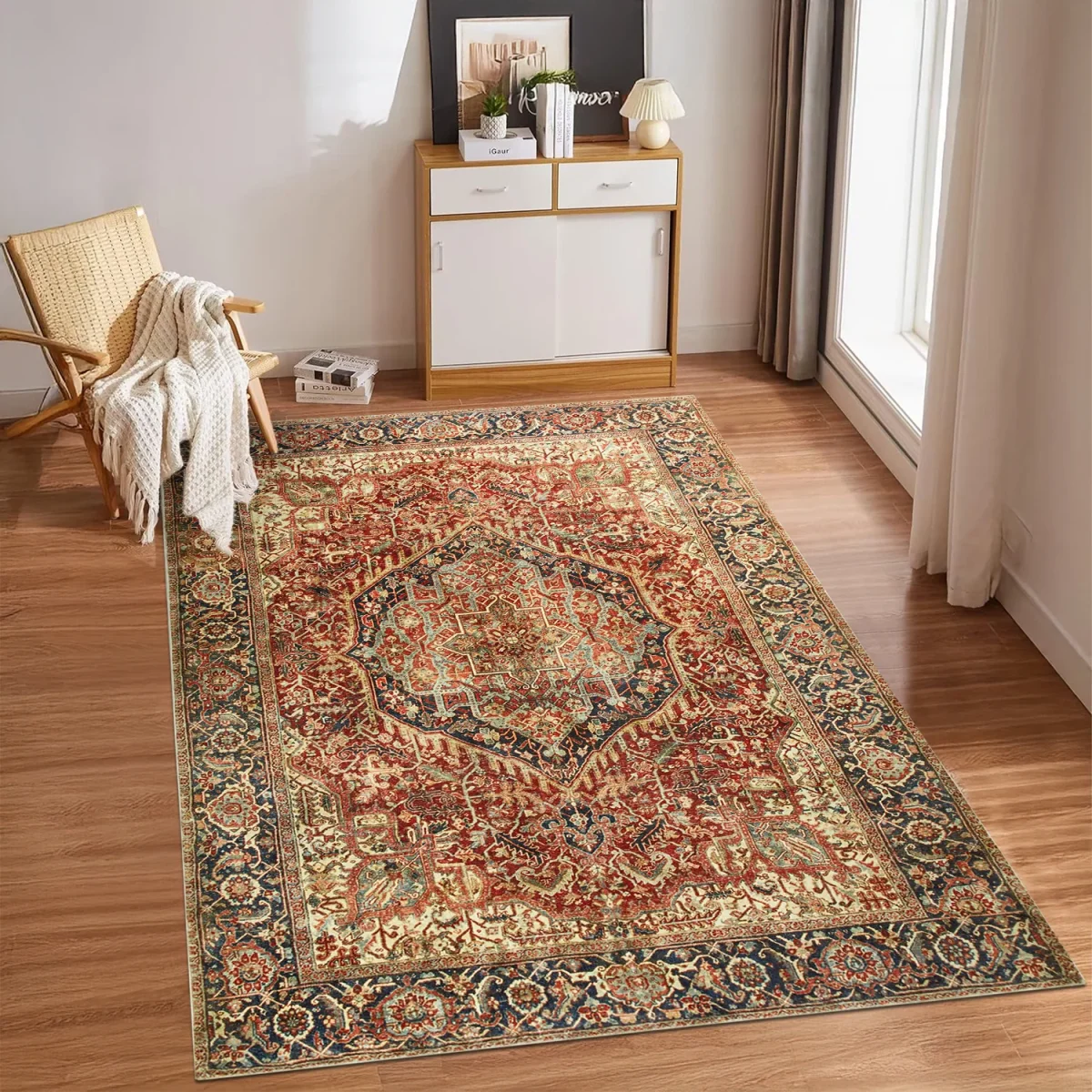 Rust & Navy Heriz Medallion Washable Rug - Traditional Persian Geometric Carpet - Image 6