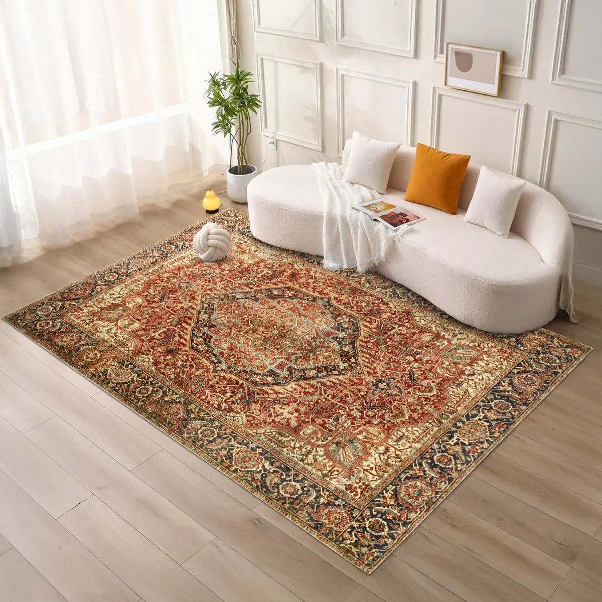 Rust & Navy Heriz Medallion Washable Rug - Traditional Persian Geometric Carpet - Image 7