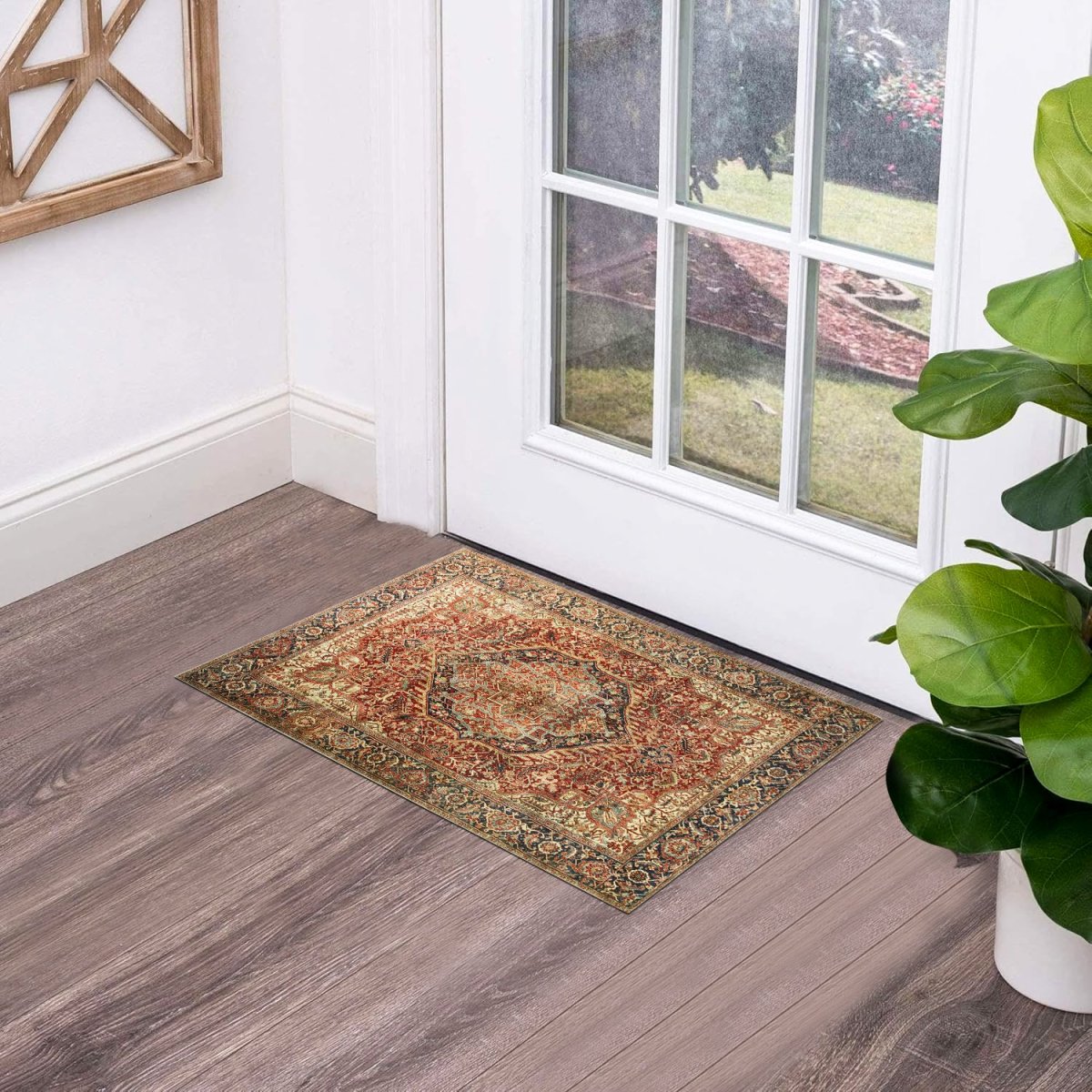 Rust & Navy Heriz Medallion Washable Rug - Traditional Persian Geometric Carpet - Image 3