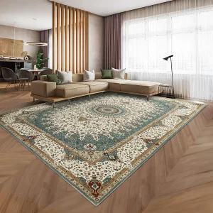 Teal & Cream Persian Medallion Washable Rug - Traditional Floral Area Carpet