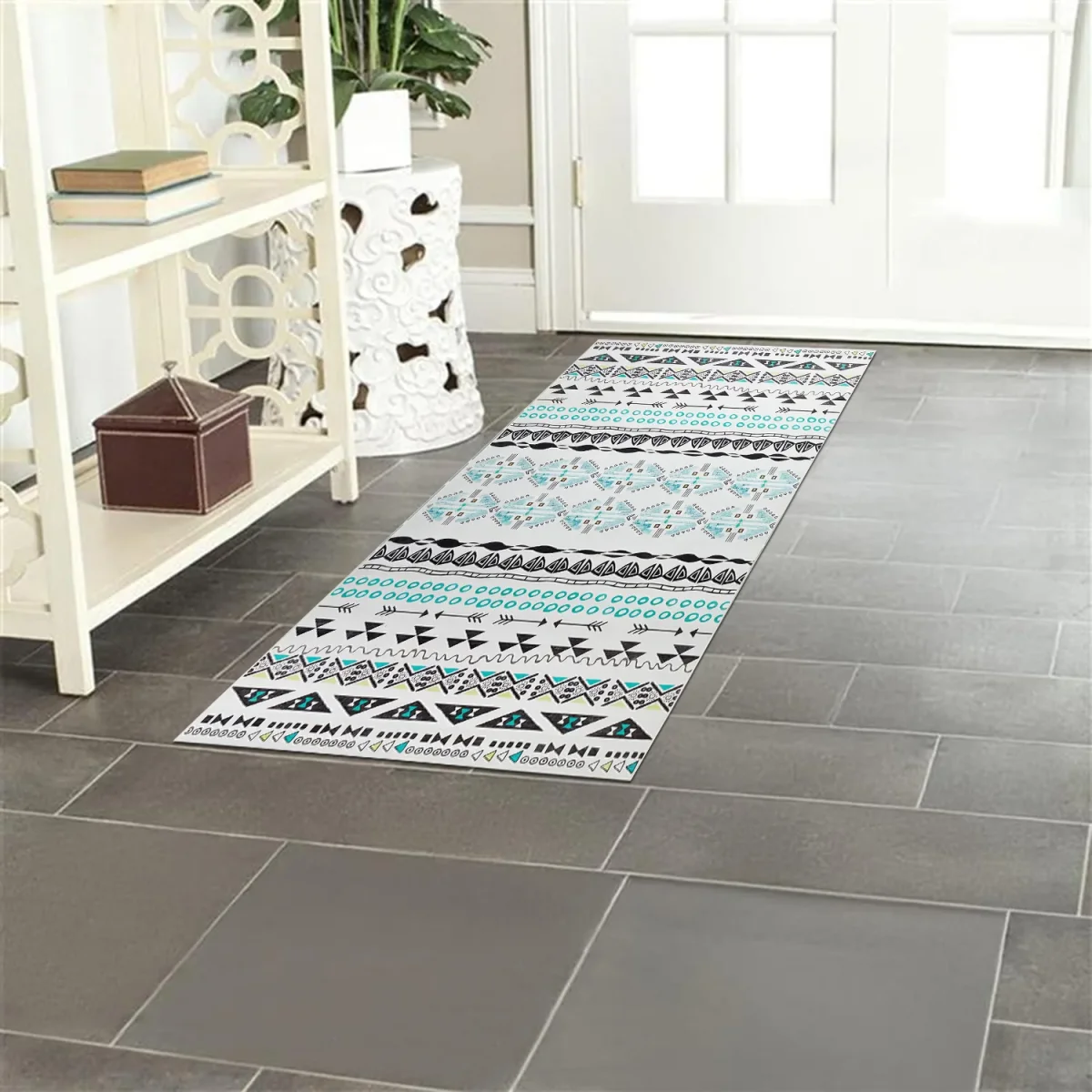 Teal & White Modern Tribal Aztec Rug - Boho Living Room & Bedroom Carpet - Image 4